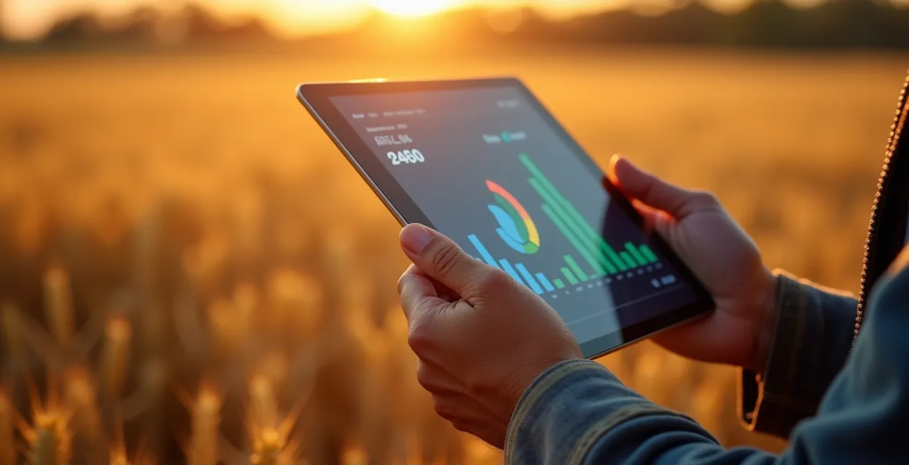 Agriculteur consultant des données sur tablette en plein champ avec vue sur cultures