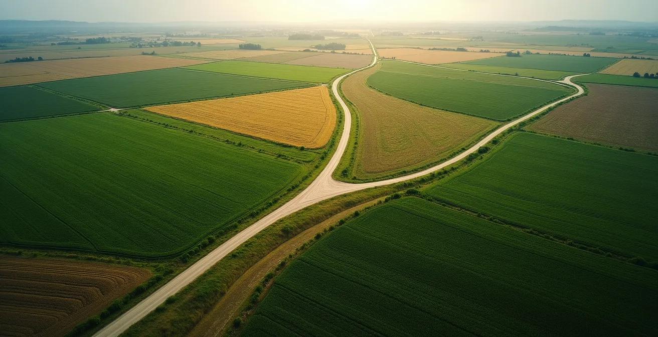 Réseau de connexions entre exploitations agricoles symbolisé par des chemins lumineux