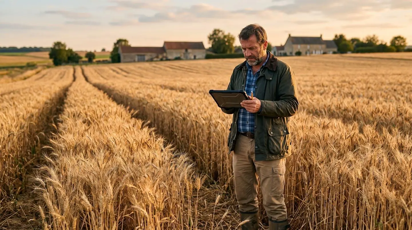 Agronome consultant des données d'inventaire sur tablette dans une parcelle céréalière