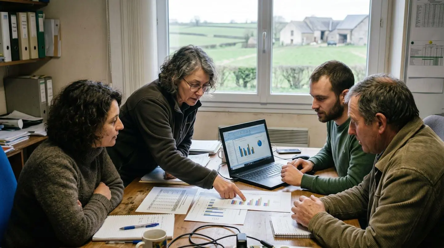 Équipe technique agricole analysant des graphiques d'impact environnemental lors d'une réunion de travail