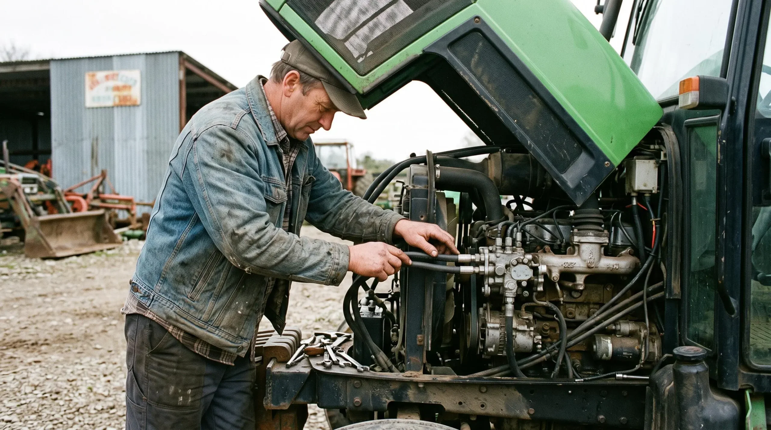 Agriculteur inspectant le compartiment moteur d'un tracteur, capot ouvert, geste de vérification technique des composants mécaniques