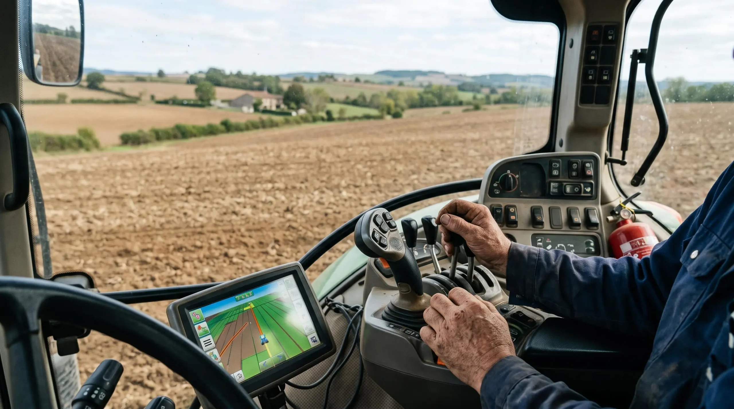 Vue intérieure de la cabine d'un tracteur moderne, mains d'un agriculteur sur les commandes hydrauliques, tableau de bord et champ visible par le pare-brise