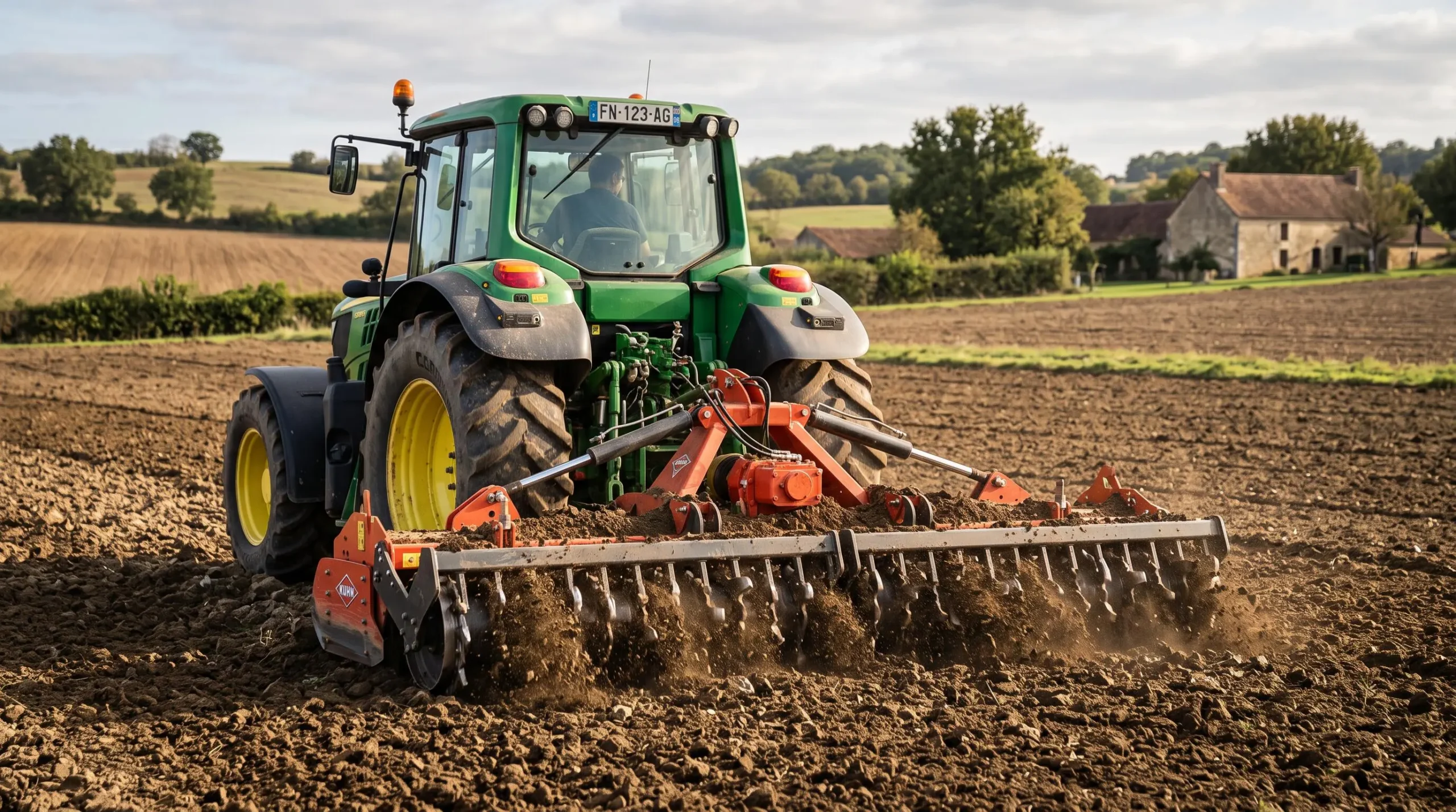 Tracteur équipé d'une herse rotative en action dans un champ, montrant la liaison entre le tracteur et l'outil de travail du sol