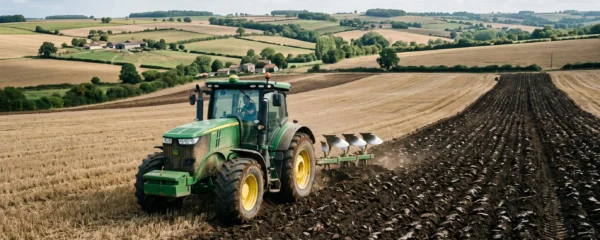 Tracteur agricole moderne effectuant un labour dans un champ en France, sillons de terre retournée visibles, paysage agricole en arrière-plan
