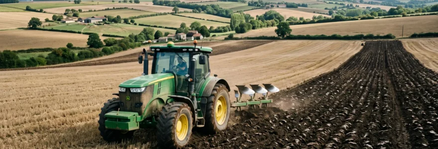 Tracteur agricole moderne effectuant un labour dans un champ en France, sillons de terre retournée visibles, paysage agricole en arrière-plan